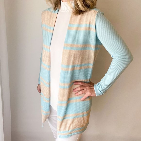Cyrus light blue and tan striped open cardigan - Picture 1 of 15
